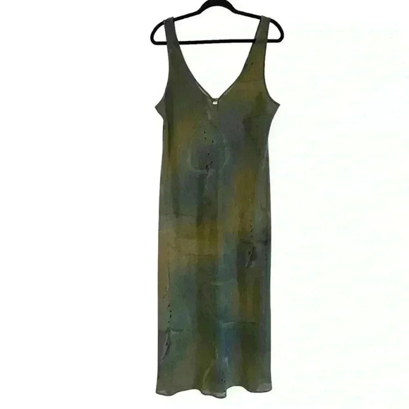 Gorgeous DIAMOND TEA Natural Leaf Print 90s Bias Cut Sheer Sleeveless Maxi Gown - Picture 1 of 7